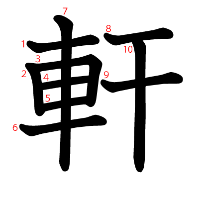 軒の教科書体(筆順付き)