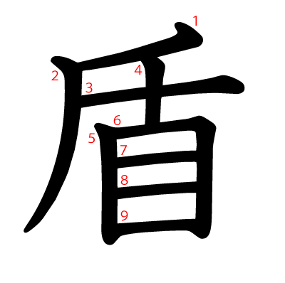 盾の教科書体(筆順付き)