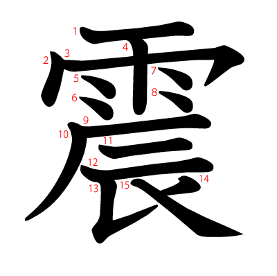 震の教科書体(筆順付き)