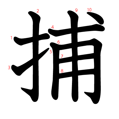 捕の教科書体(筆順付き)