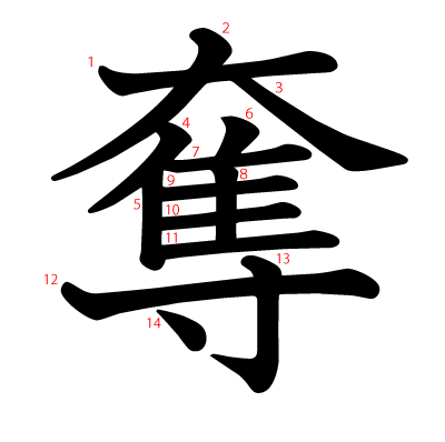 奪の教科書体(筆順付き)