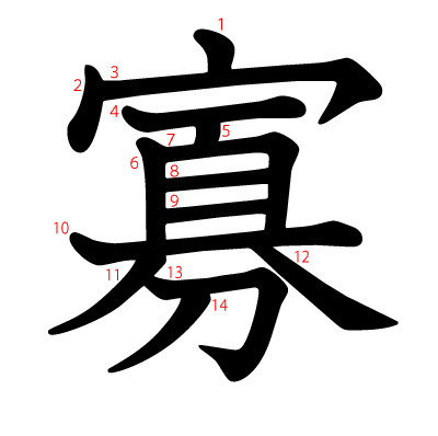 寡の教科書体(筆順付き)