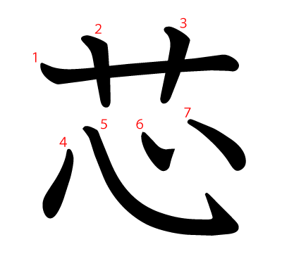 芯の教科書体(筆順付き)
