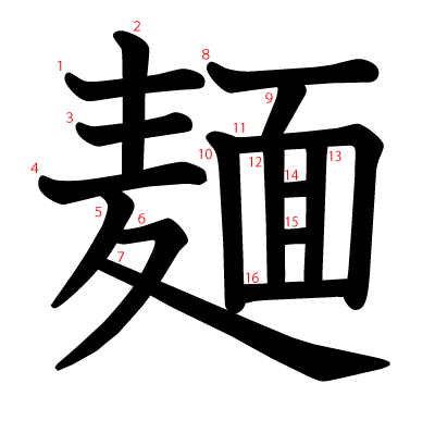 麺の教科書体(筆順付き)