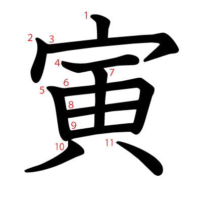 寅の教科書体(筆順付き)