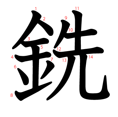 銑の教科書体(筆順付き)
