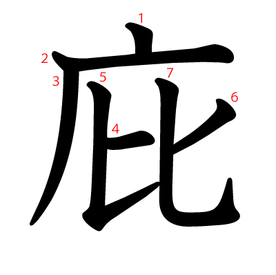 庇の教科書体(筆順付き)