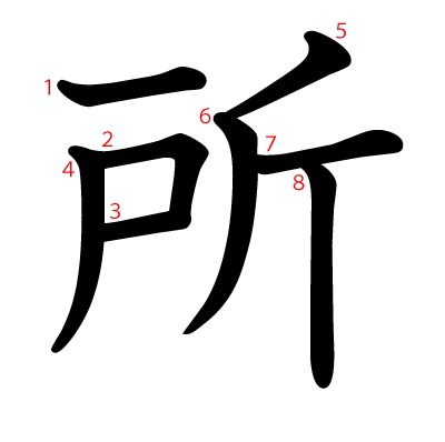 所の教科書体(筆順付き)