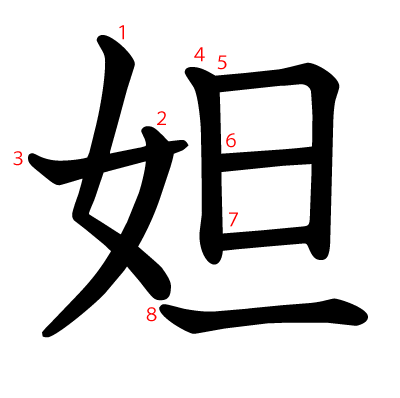 妲の教科書体(筆順付き)