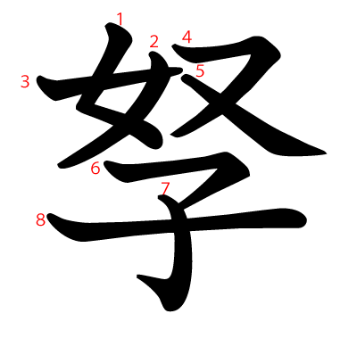 孥の教科書体(筆順付き)
