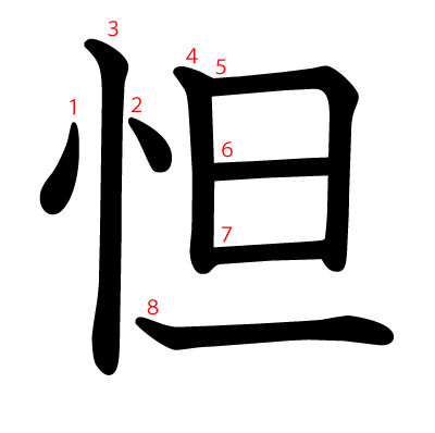 怛の教科書体(筆順付き)