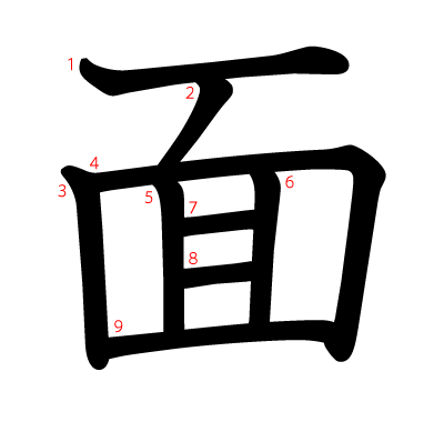 面の教科書体(筆順付き)
