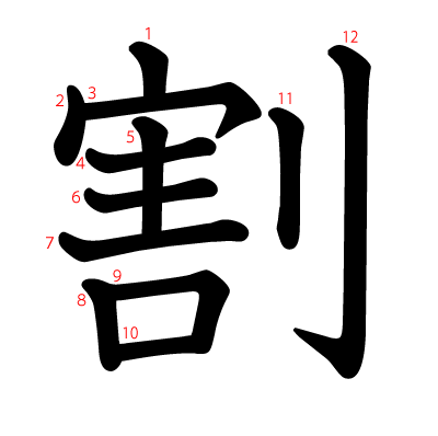 割の教科書体(筆順付き)