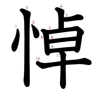 悼の教科書体(筆順付き)